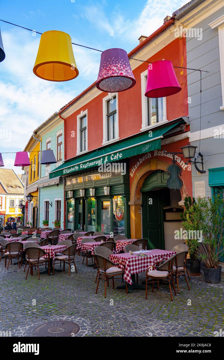 10.13.2022 -Szentendre, Hungary: Main square of beautiful Szentendre next to Budapest in Hungary with colorful banner decorations and Elisabeth Stock Photo