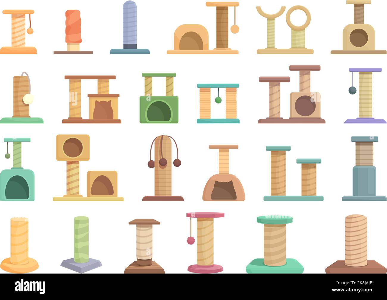 Cats scratching post icons set cartoon vector. Tree tower. Play