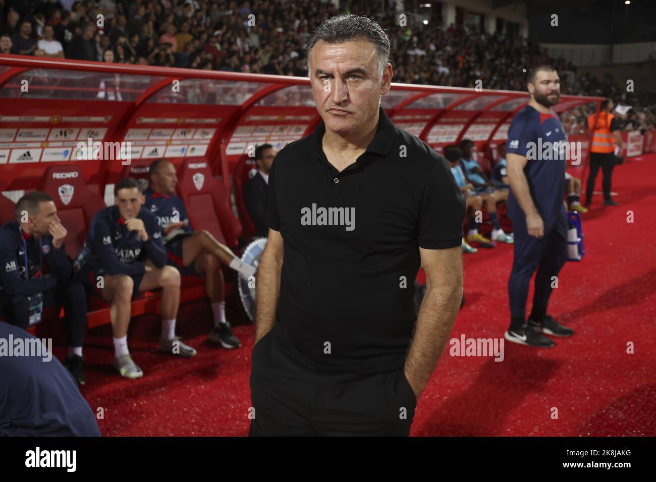 Coach of PSG Christophe Galtier during the French championship Ligue 1  football match between AC Ajaccio (ACA) and Paris Saint-Germain (PSG on  October 21, 2022 at Stade Francois Coty in Ajaccio, France -