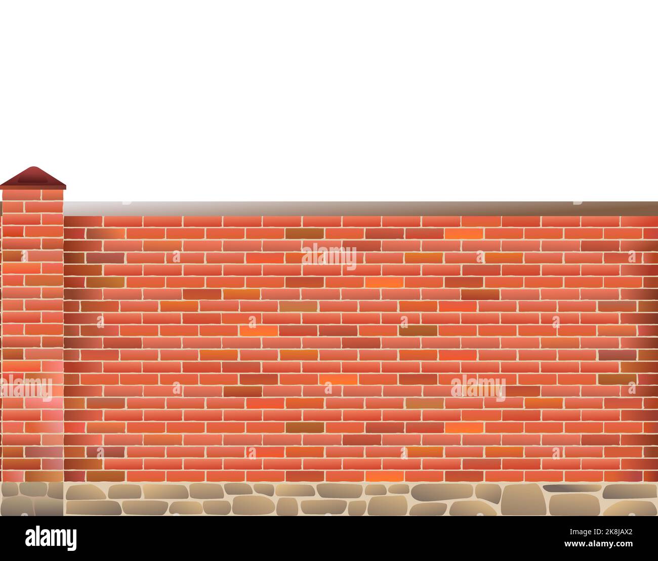 Brick fence with columns and stone foundation. Horizontal seamless