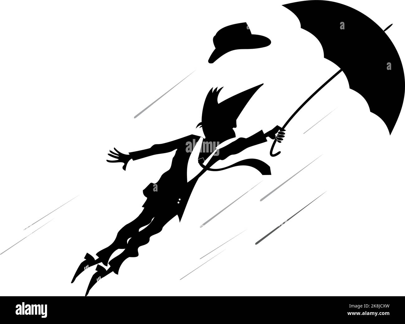 Windy day and man flies with umbrella illustration. Man with an umbrella gone with the wind silhouette black on white Stock Vector