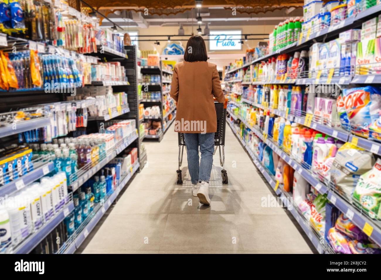 a woman with a cart walks between rows of shelves in a grocery store ...