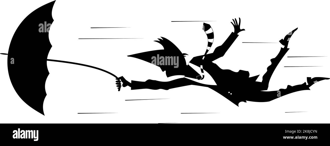 Windy day and man flies with umbrella illustration. Man with an umbrella gone with the wind silhouette black on white Stock Vector