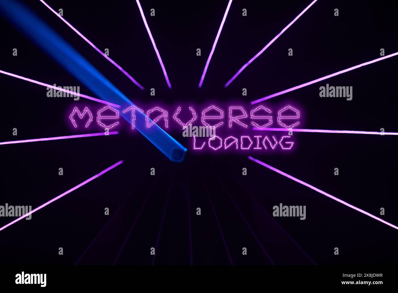 Dark background with purple laser beams and Metaverse loading. Background for splash screen for gaming, cybersport and metaverse. Stock Photo