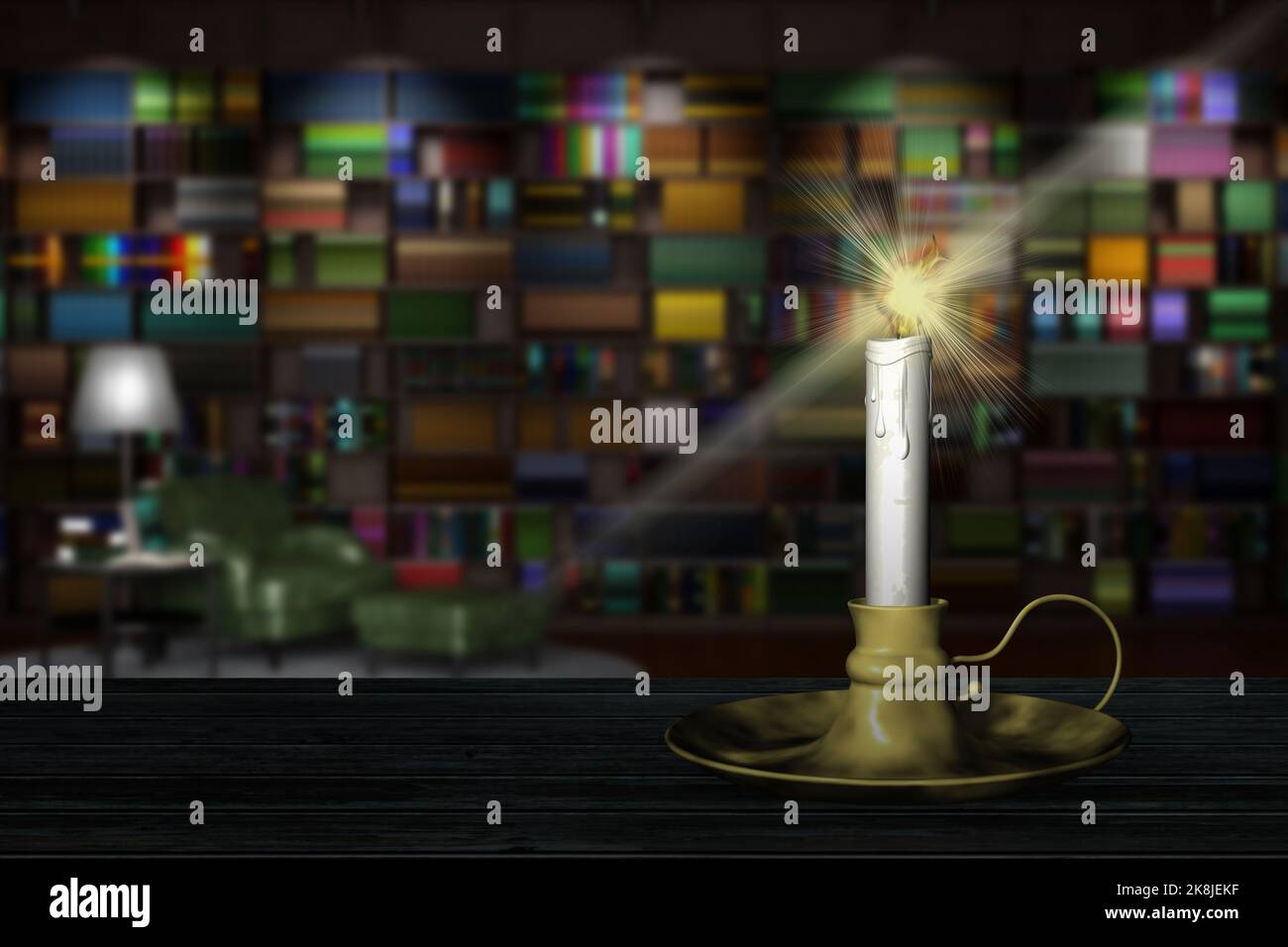 Lit candle with spark. In the background a living room with a large