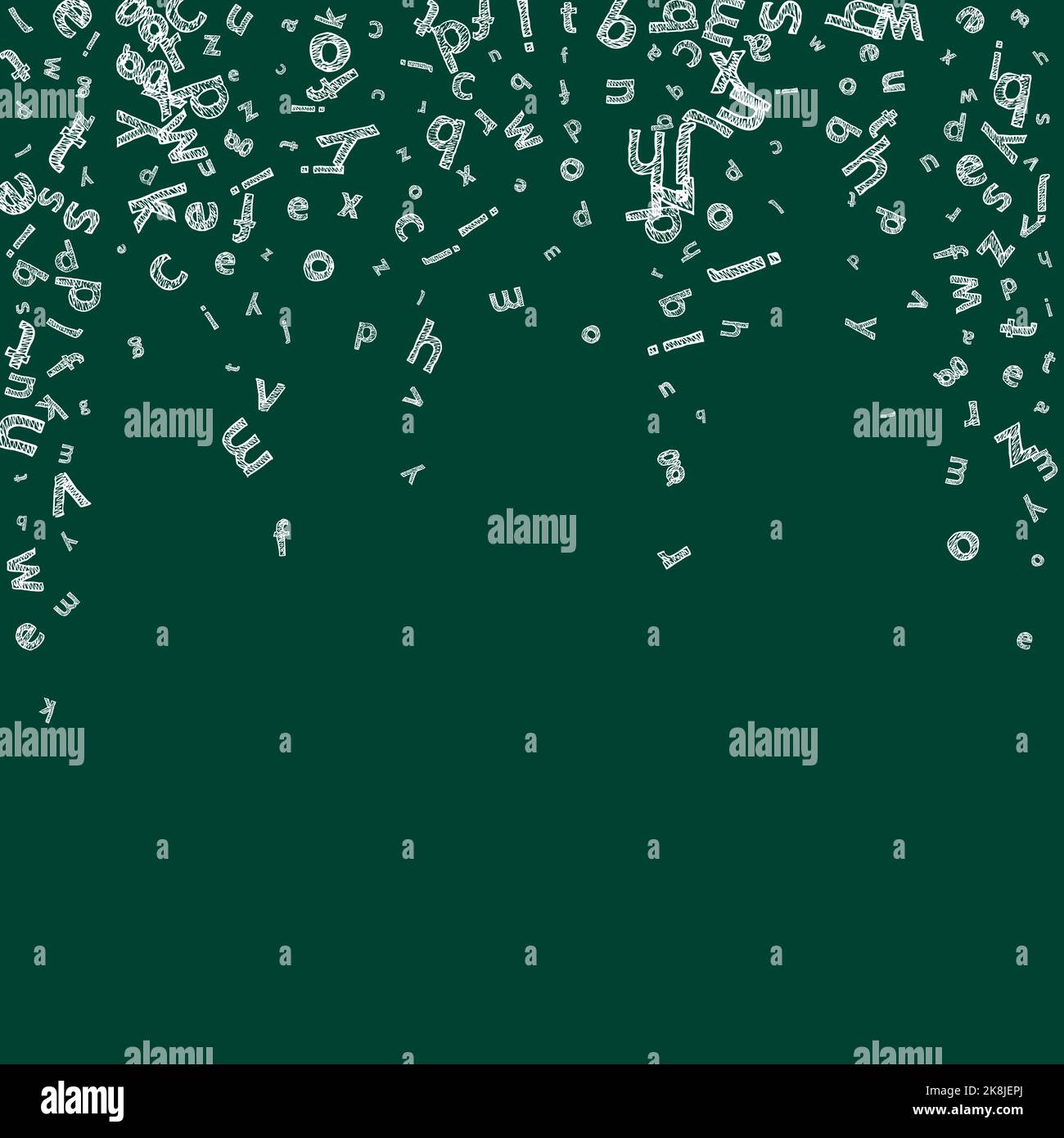 Falling letters of English language. Sketch chalk flying words of Latin ...