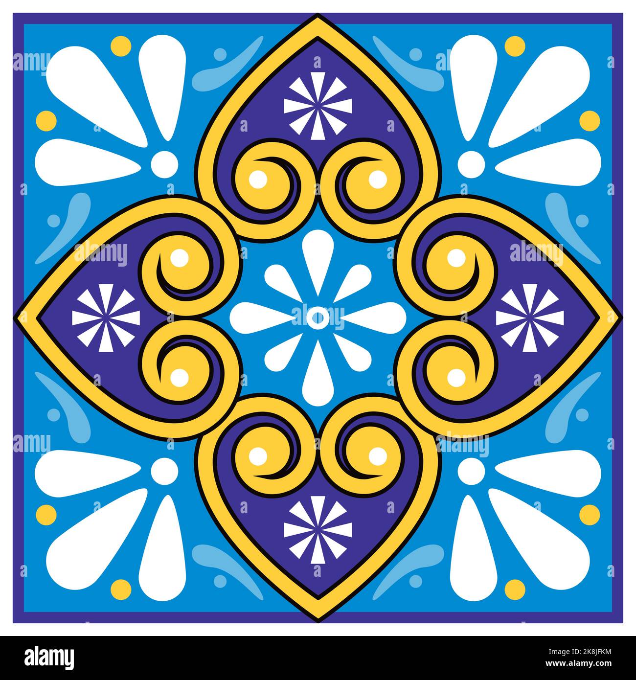 Mexican talavera floral pattern vector single tile seamless design with flowers and leaves in blue and yellow Stock Vector