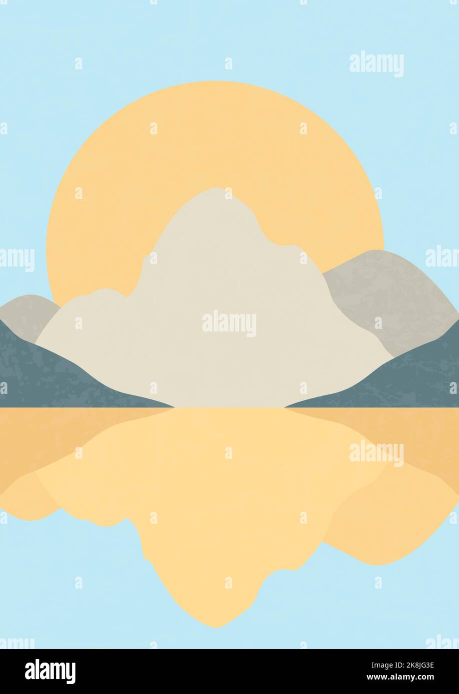Minimalistic mountains and lake landscape illustration poster Stock ...