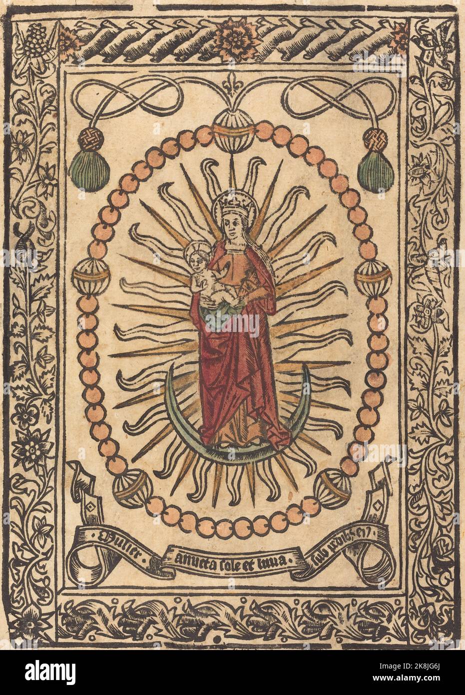 French 15th Century  - The Madonna and Child in a Rosary, c. 1490 - woodcut, hand-colored Stock Photo