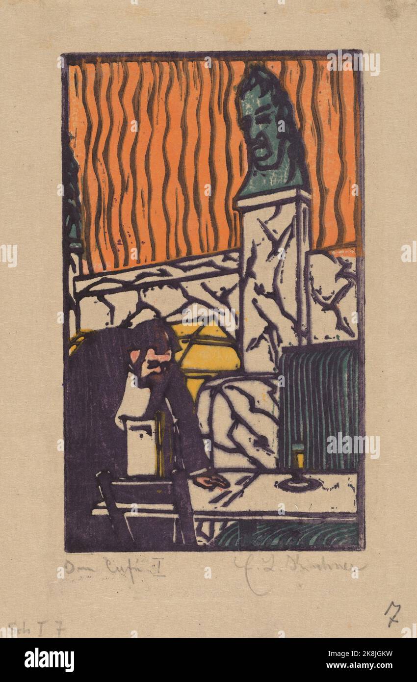 Ernst Ludwig Kirchner (1880 –  1938) was a German expressionist painter and printmaker - Head Waiter in Café, 1904 -  color woodcut in violet, orange, Stock Photo