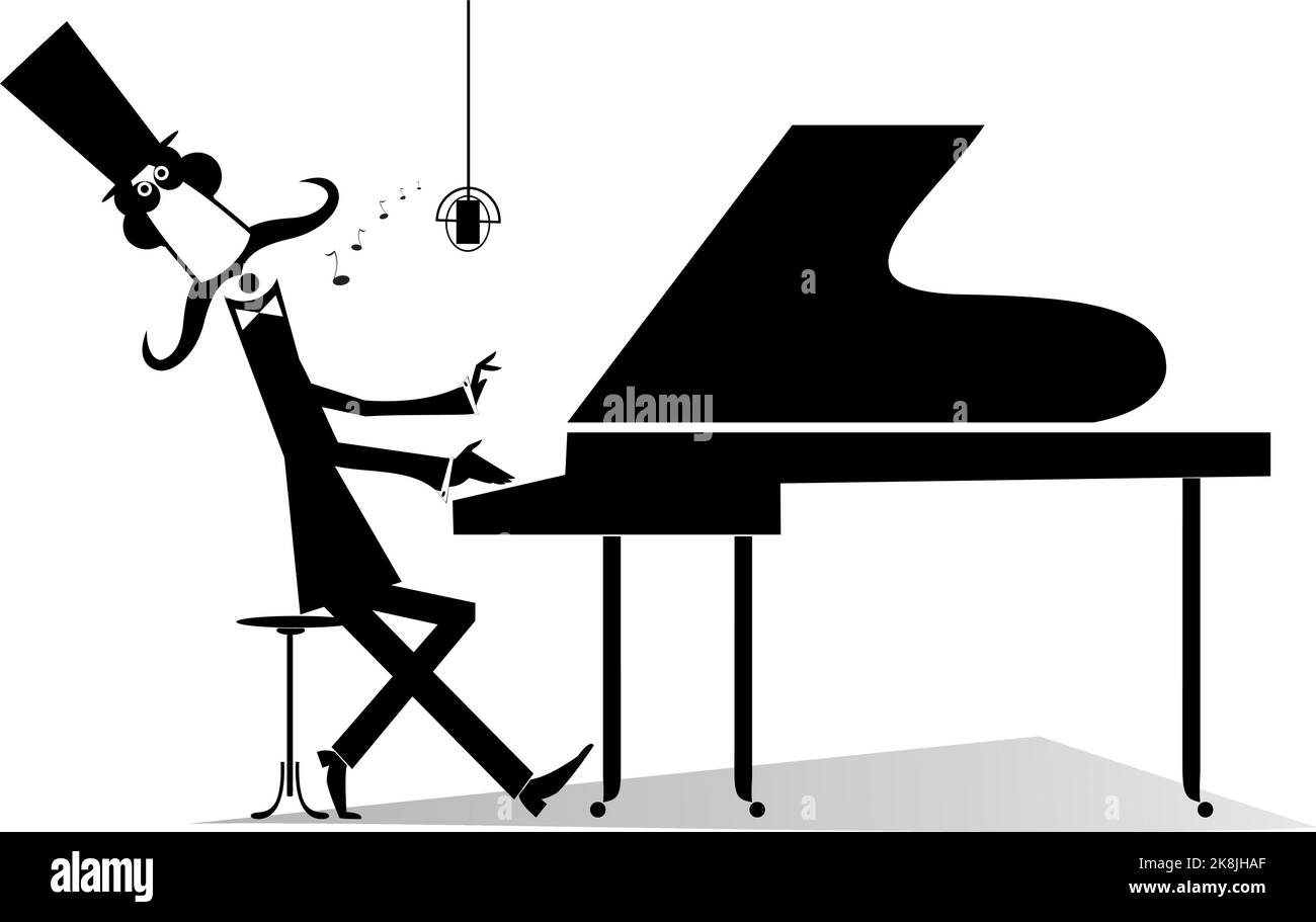 Pianist original silhouette isolated. Mustache gentleman in the top hat is playing music on piano and singing Stock Vector