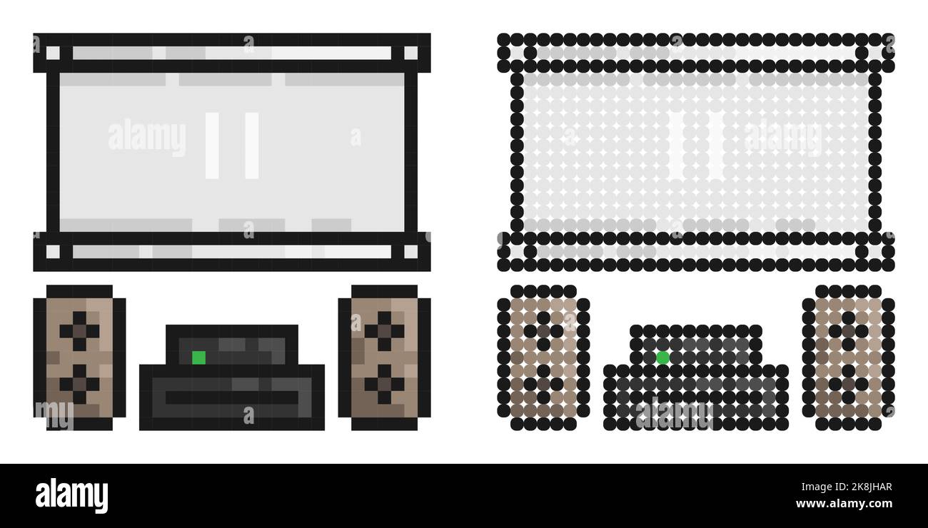 Pixel icon. Home theater with speakers and projector screen. Premium home cinema equipment. Simple retro game vector isolated on white background Stock Vector