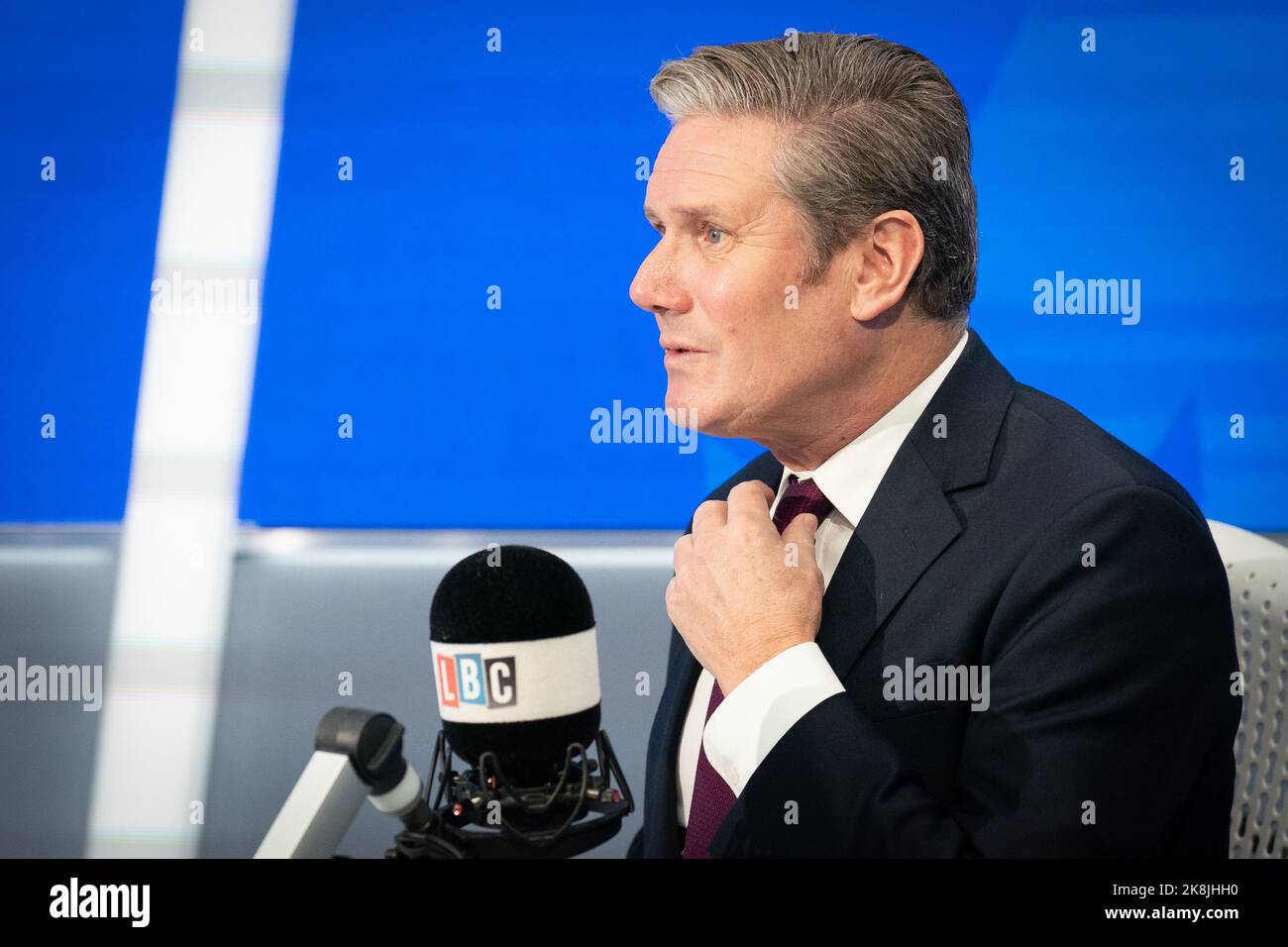 Labour Party leader Sir Keir Starmer takes part in Call Keir, his regular phone-in on LBC's Nick Ferrari at Breakfast show, where he takes calls from LBC listeners across the UK, at the Global Studios, London. Picture date: Monday October 24, 2022. Stock Photo