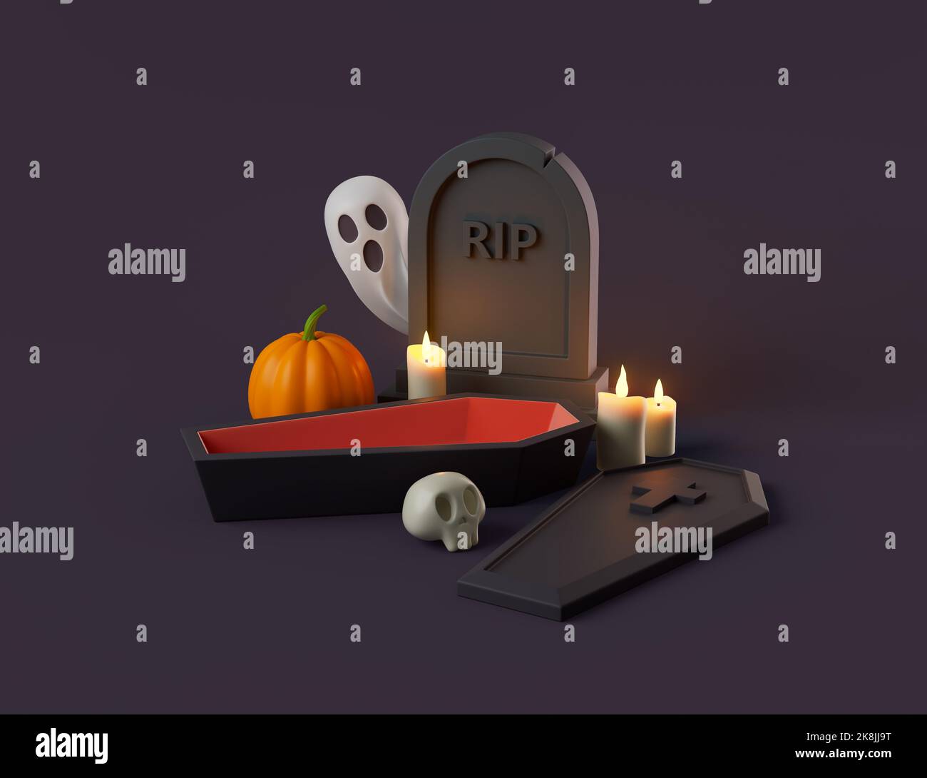 Simple halloween tombstone opened coffin, skull, ghost, pumpkin and switches 3d render illustration. Isolated object on dark background Stock Photo
