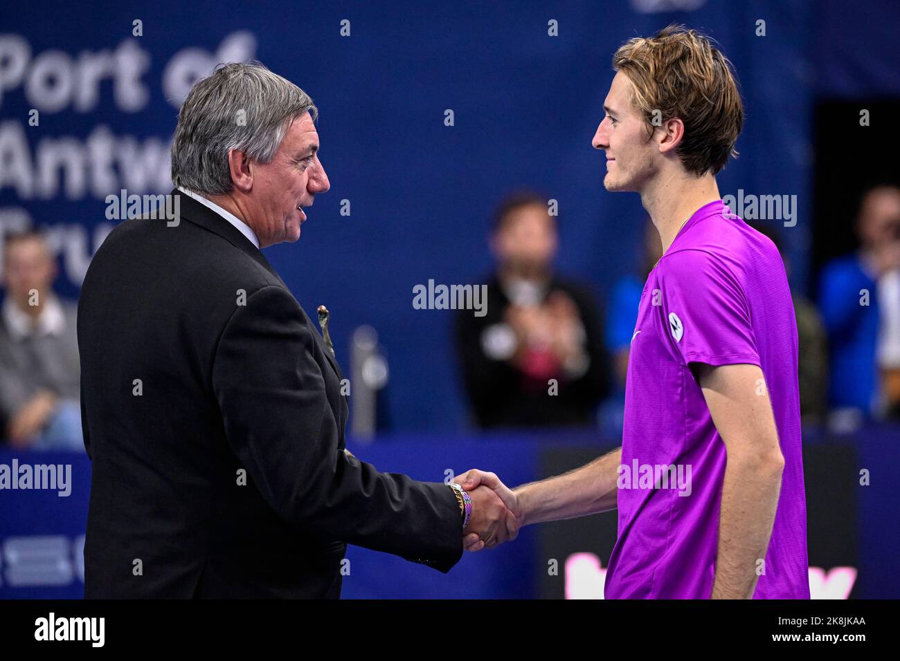 Flemish Minister President Jan Jambon and US Sebastian Korda pictured during the ceremony after the men's singles final match between Canadian Auger-Aliassime and American Corda, at the European Open Tennis ATP tournament, in Antwerp, Sunday 23 October 2022. BELGA PHOTO LAURIE DIEFFEMBACQ Stock Photo