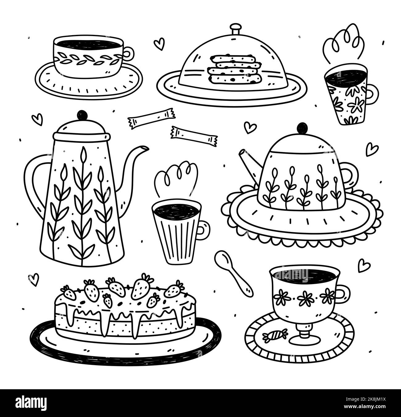 Cute set with tea cups, teapots and desserts isolated on white