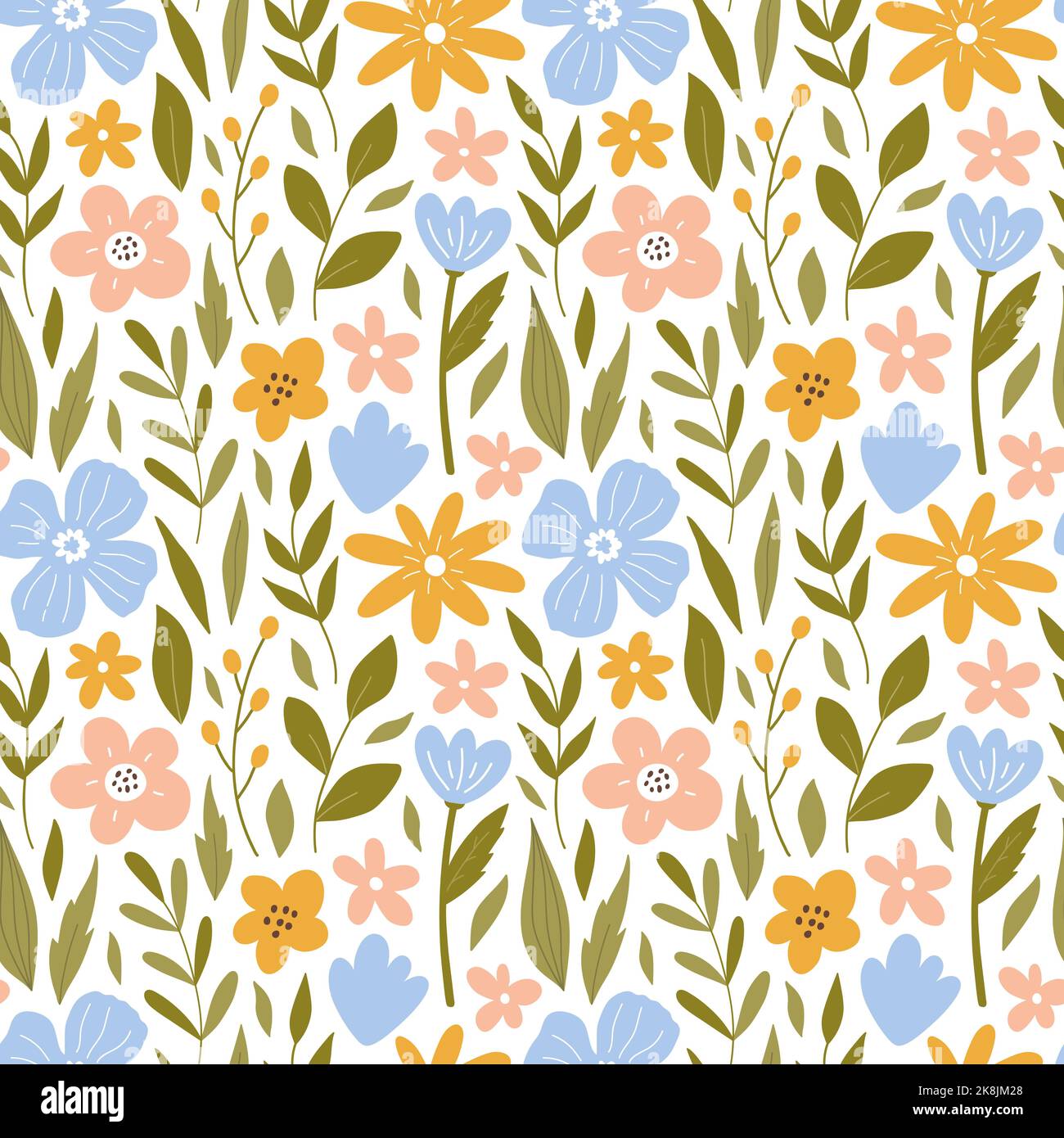 Botanical seamless pattern with meadow flowers, leaves and branches ...