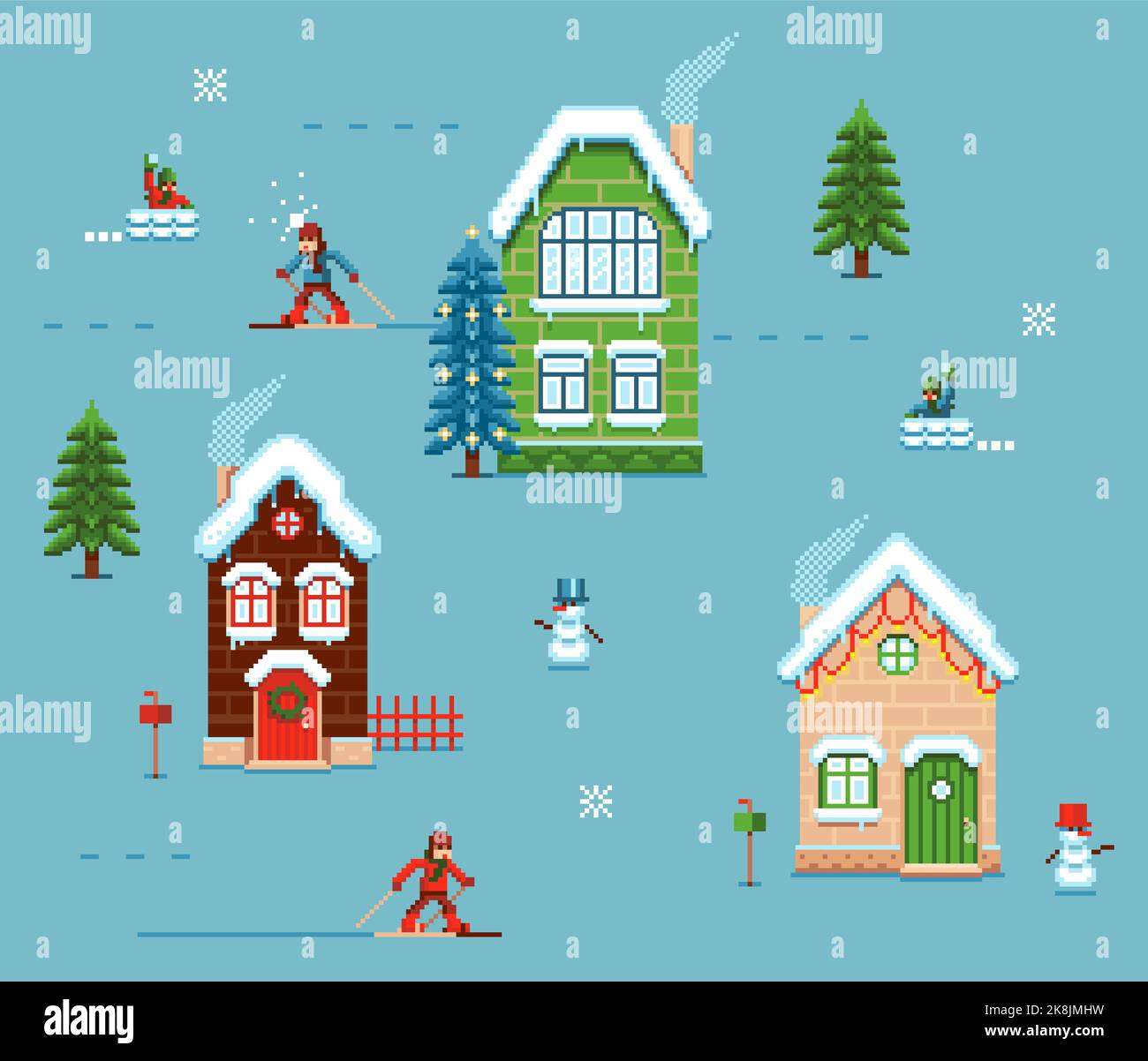 Christmas New Year embroidery pixelart, seamless pattern. Colorful houses, snowman, winter fun, X-mass tree and pines Stock Vector