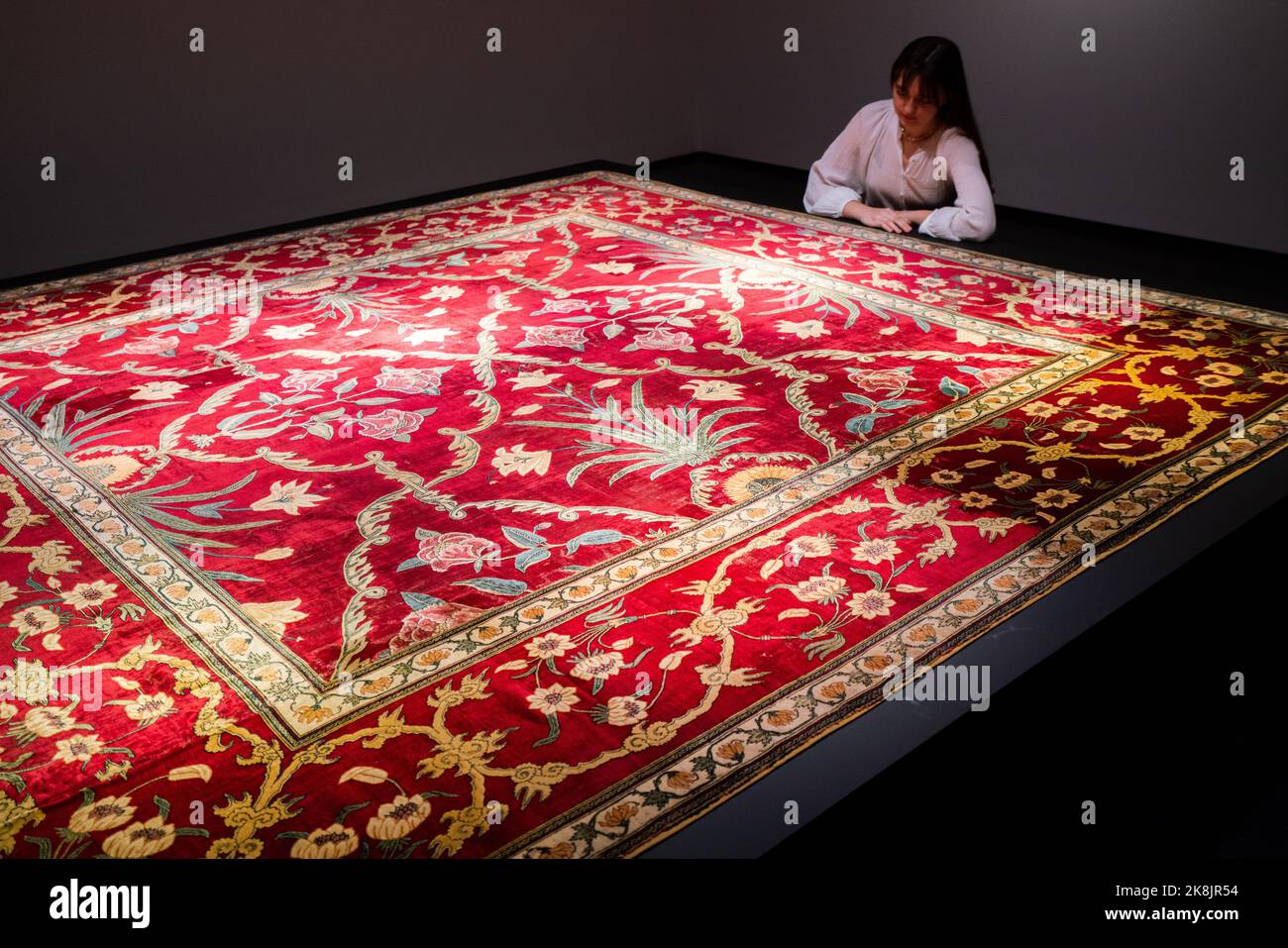 London UK. 24 October 2022 . A RARE ROYAL MUGHAL PASHIMA CARPET Northern India, circa 1650, Estimate GBP 2,500,000-3,500,000. Highlights from the auction at Christie's  Art of the Islamic and Indian World's including Oriental rugs and carpets. The sale takes place on 27 October at Christie;s King Street .Credit: amer ghazzal/Alamy Live News Stock Photo