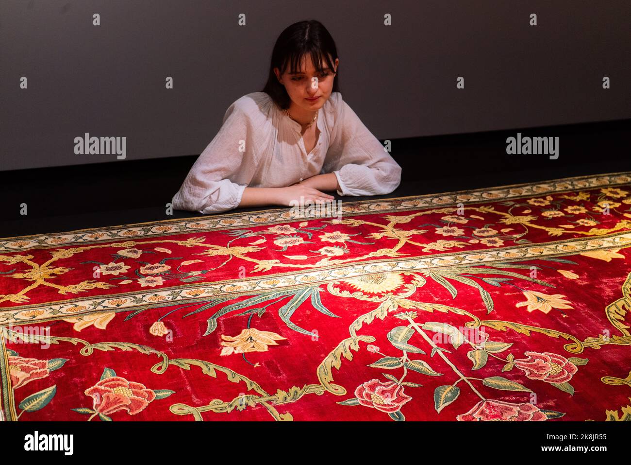 London UK. 24 October 2022 . A RARE ROYAL MUGHAL PASHIMA CARPET Northern India, circa 1650, Estimate GBP 2,500,000-3,500,000. Highlights from the auction at Christie's  Art of the Islamic and Indian World's including Oriental rugs and carpets. The sale takes place on 27 October at Christie;s King Street .Credit: amer ghazzal/Alamy Live News Stock Photo