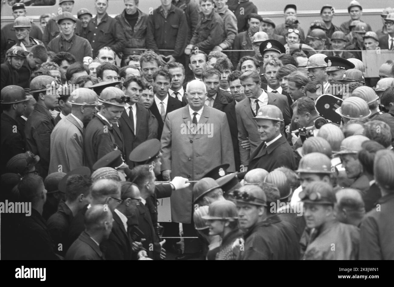 Sweden 196400704. Soviet leader Nikita Khrushchev on an official visit to Sveige. Here Khrushchev visits the Gøtaverken. We see him (in the middle of the picture). The police officers are nervous, but some of them with a helmet on their heads are probably civilian police. Swedish police have been told to ring around Khrushchev during the visit. Photo: Current / NTB Stock Photo