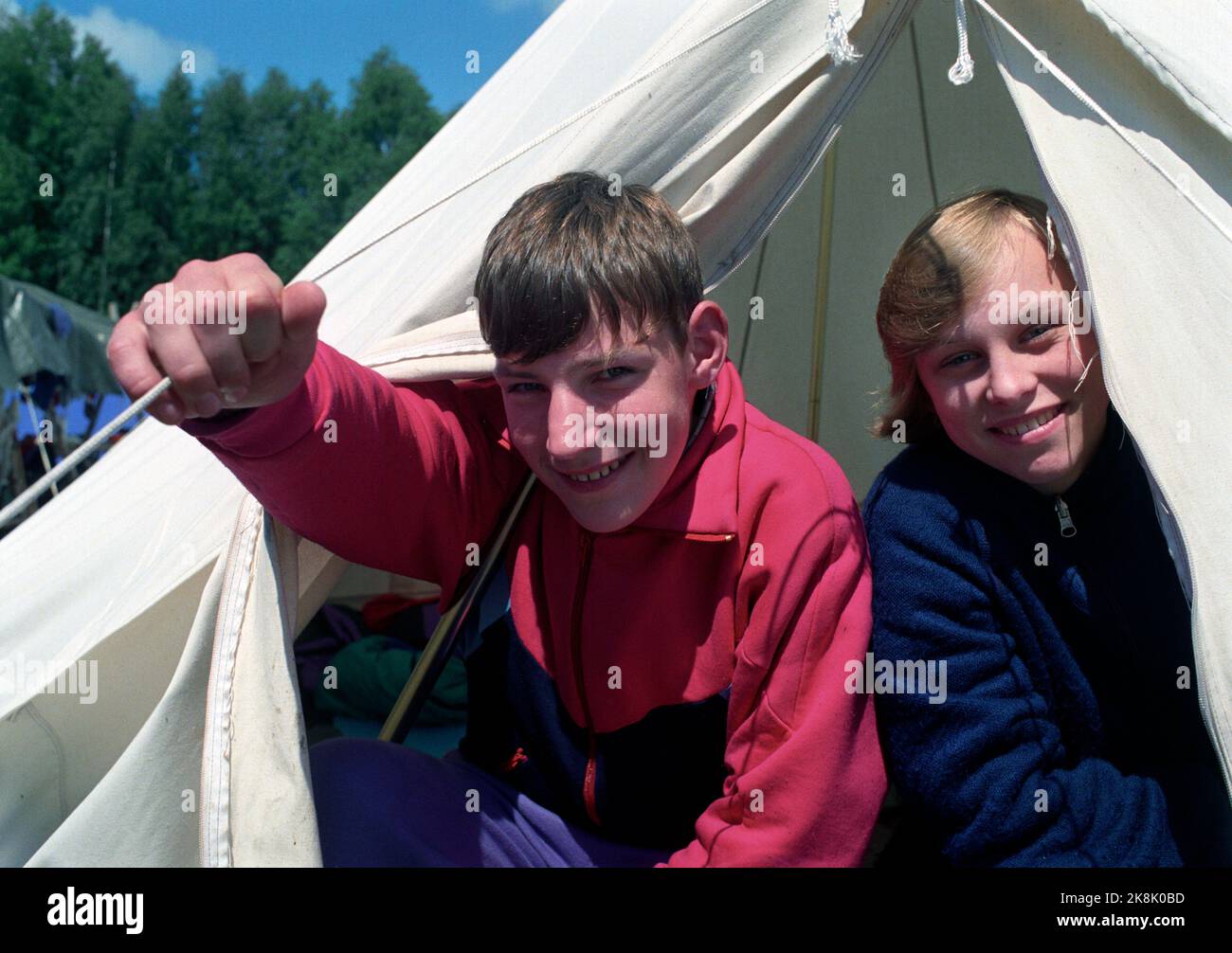Oslo June 28, 1991. Children from Chernobyl are in Oslo to breathe radioactive-free air. Natasha and Andrej have experienced tent life in the rain, but the mood is good. Photo: Bjørn-Owe Holmberg / NTB / NTB Stock Photo