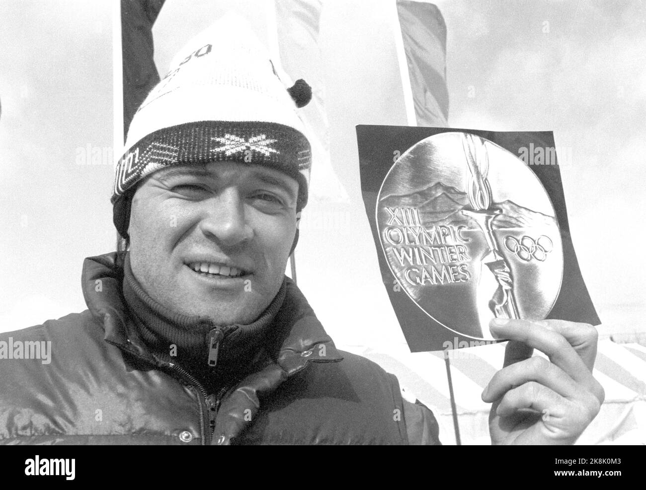 Lake Placid, N.Y., USA, 198002: Olympic Lake Placid 1980. Skating, women. Image: Ove Aunli (NOR) with the 'Bronze Medal' at 15km cross-country skiing during the Lake Placid Winter Olympics, February 17, 1980. He took bronze at 15km, beaten by Thomas Wassberg (gold/Sve) and Juha Mieto (silver/fine) .. Photo: Erik Thorberg / NTB / NTB Stock Photo