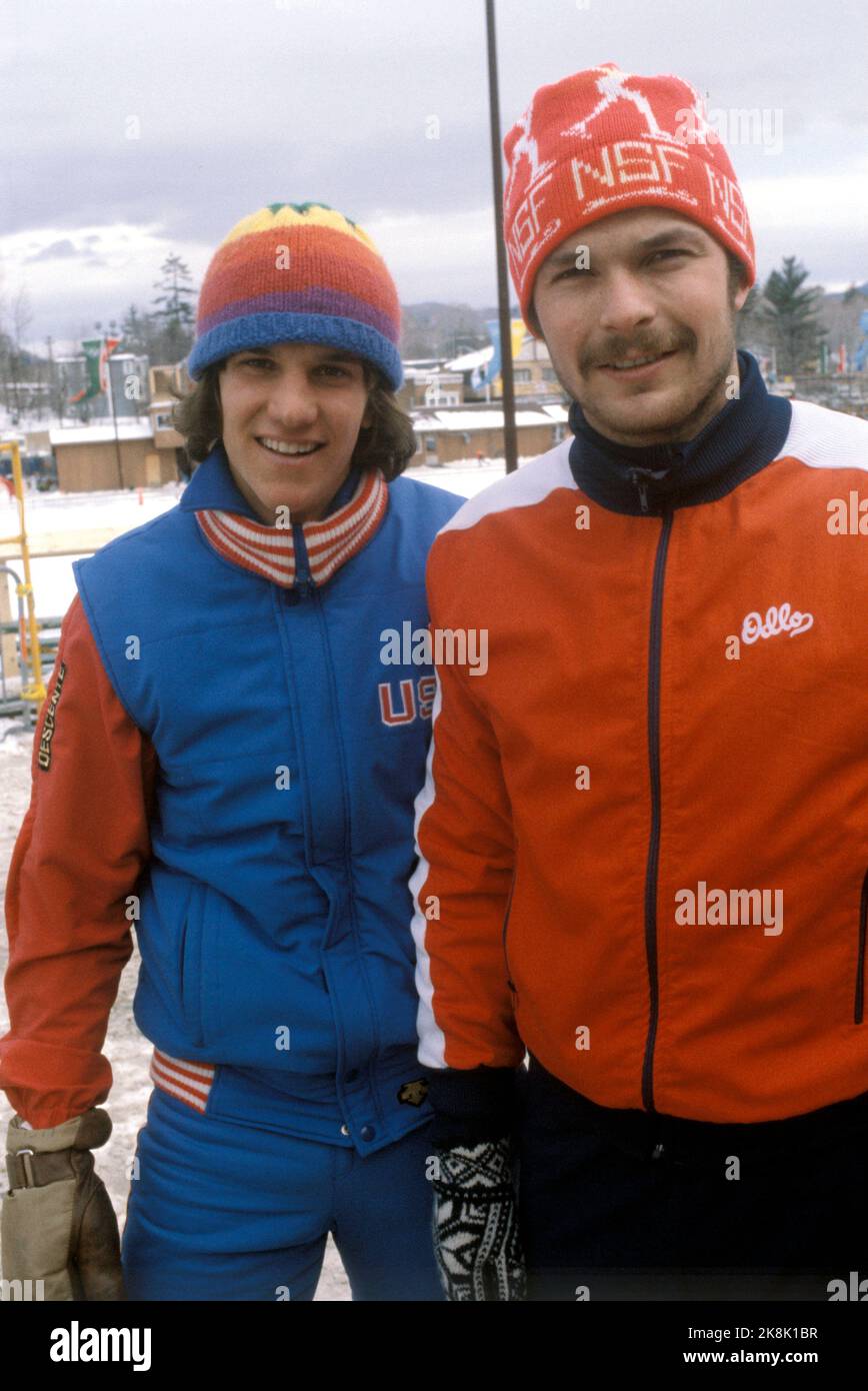 Lake Placid, N.Y., USA, 198002: Olympic Lake Placid 1980. Picture: Skater Eric Heiden (USA) and Frode Rønning (NOR) photographed together during the Lake Placid Olympics. Heiden took gold on all skating distances, while Rønning took a medal, bronze at 1000m. (Undated, lacking other text.) Photo: NTB / EPU / NTB Stock Photo