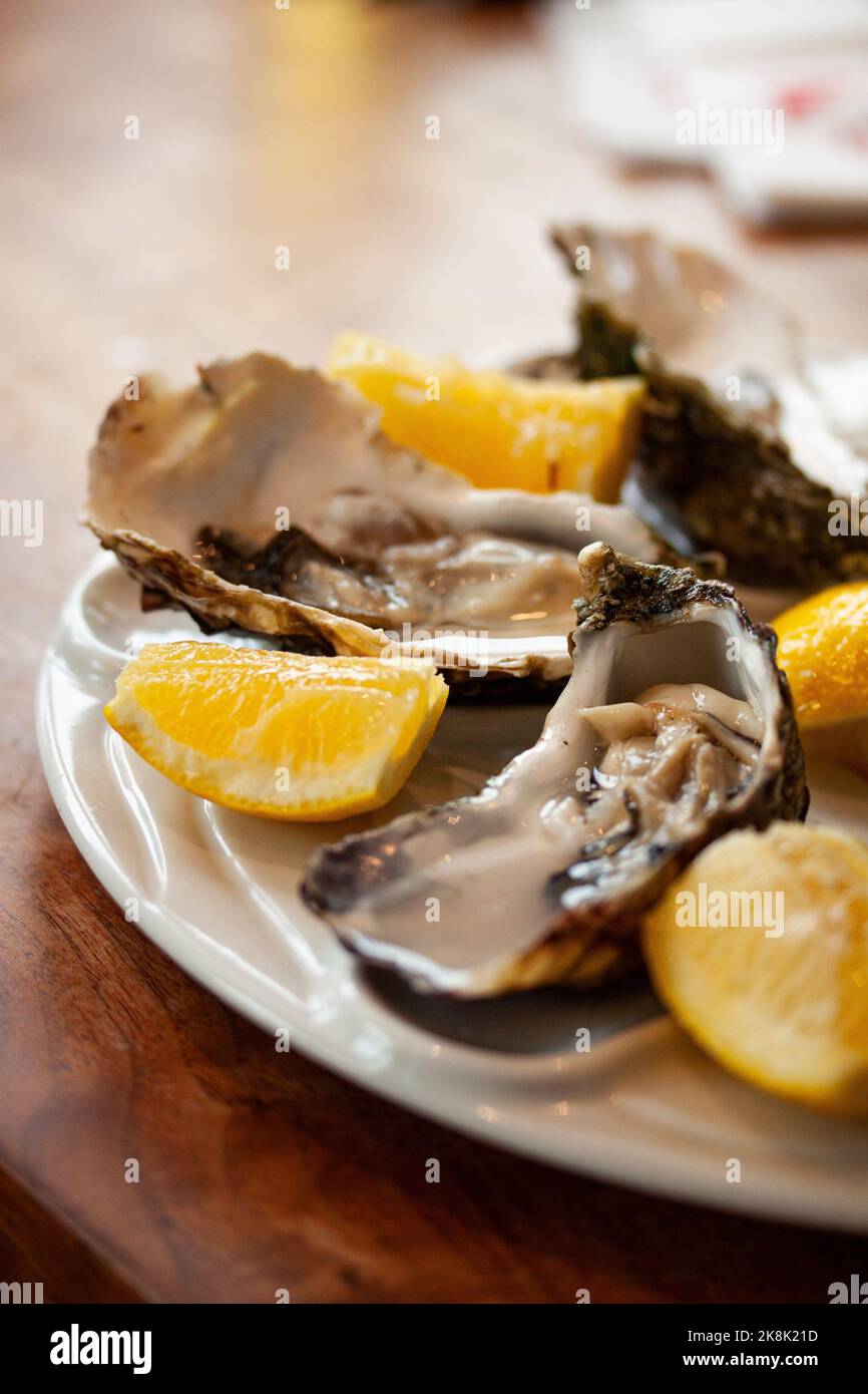 Fresh oysters close-up on a white plate, served table with lemon. Healthy sea food. Dinner of fresh oysters in a restaurant. Selective focus with shal Stock Photo