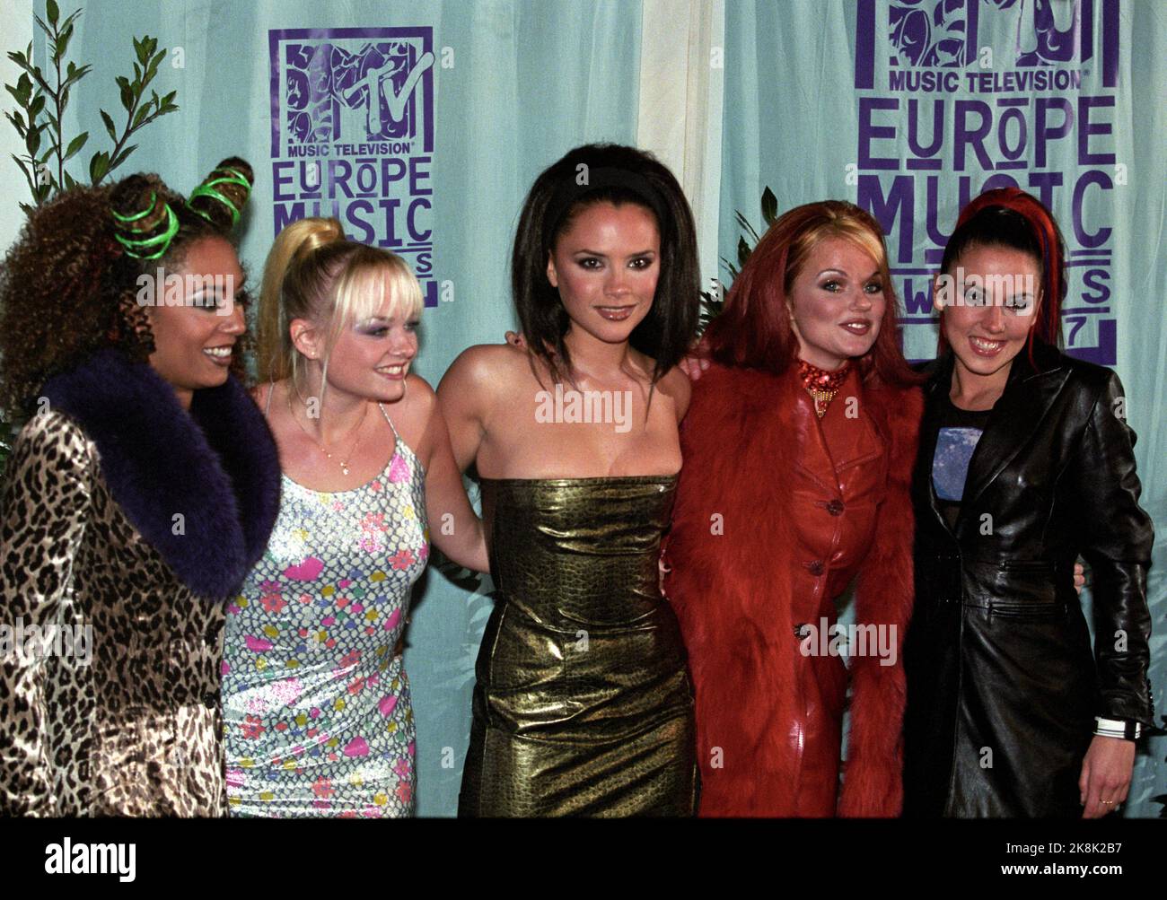 Rotterdam, the Netherlands 19971106. The pop group Spice Girls received one of the awards during the 'The 1997 MTV Europe Music Awards' at the Ahoy Stadium. Eg: Melanie Brown (Mel B), Geri Halliwell, Victoria Adams (later Victoria Beckham), Emma Bunton and Melanie Chisholm Photo Lise Åserud / NTB / NTB Stock Photo