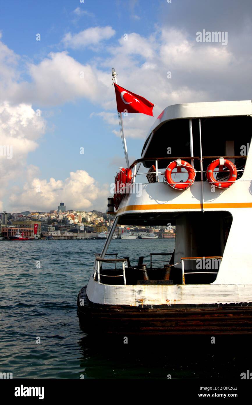 Passenger ferry waiting to depart, Golden Horn, Eminonu District of Istanbul, Turkey Stock Photo