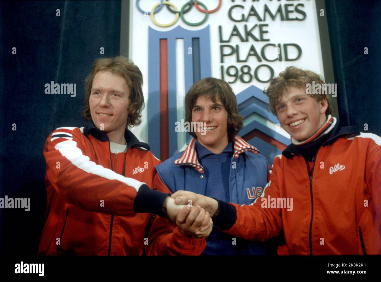 Lake Placid, N.Y., USA, 198002: Olympic Lake Placid 1980. 5000m skates, men. The picture: The top three photographed in connection with the victory ceremony after 5000m, February 16, 1980. From: Kay Arne Stenshjemmet (Nor, Silver), Eric Heiden (USA, gold), Tom Erik Oxholm (Nor, Bronze). Photo: NTB / EPU / NTB Stock Photo