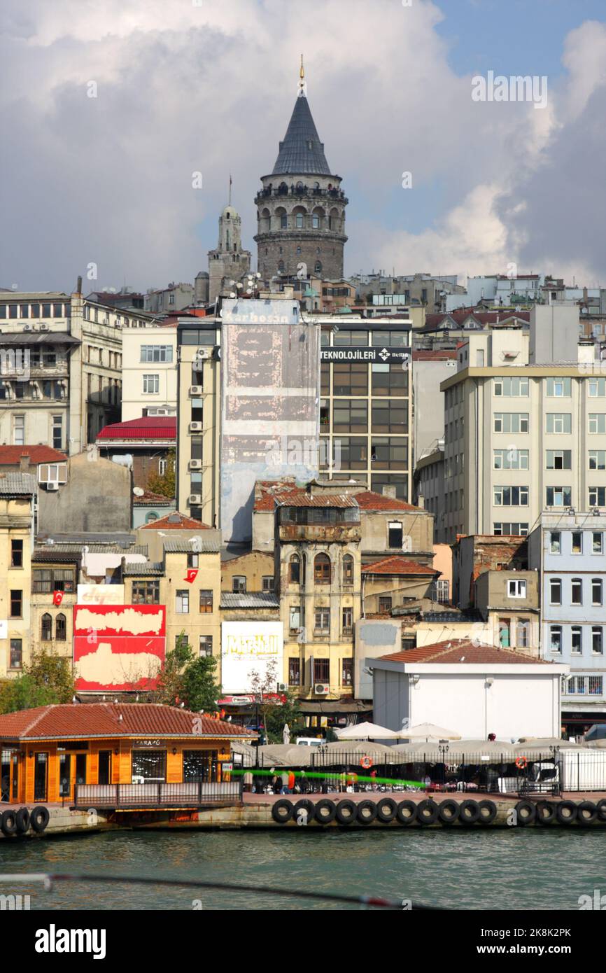 Galata Tower, seen from across the Golden Horn, Karakoy, Istanbul, Turkey Stock Photo