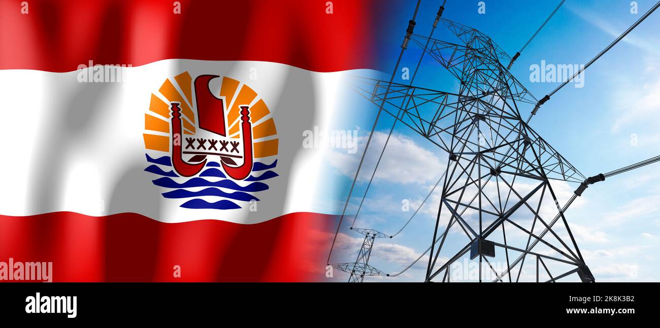 French Polynesia country flag and electricity pylons 3D