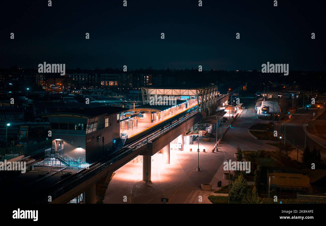 An aerial shot of the illuminated Berryessa or North San Jose transit station in California Stock Photo