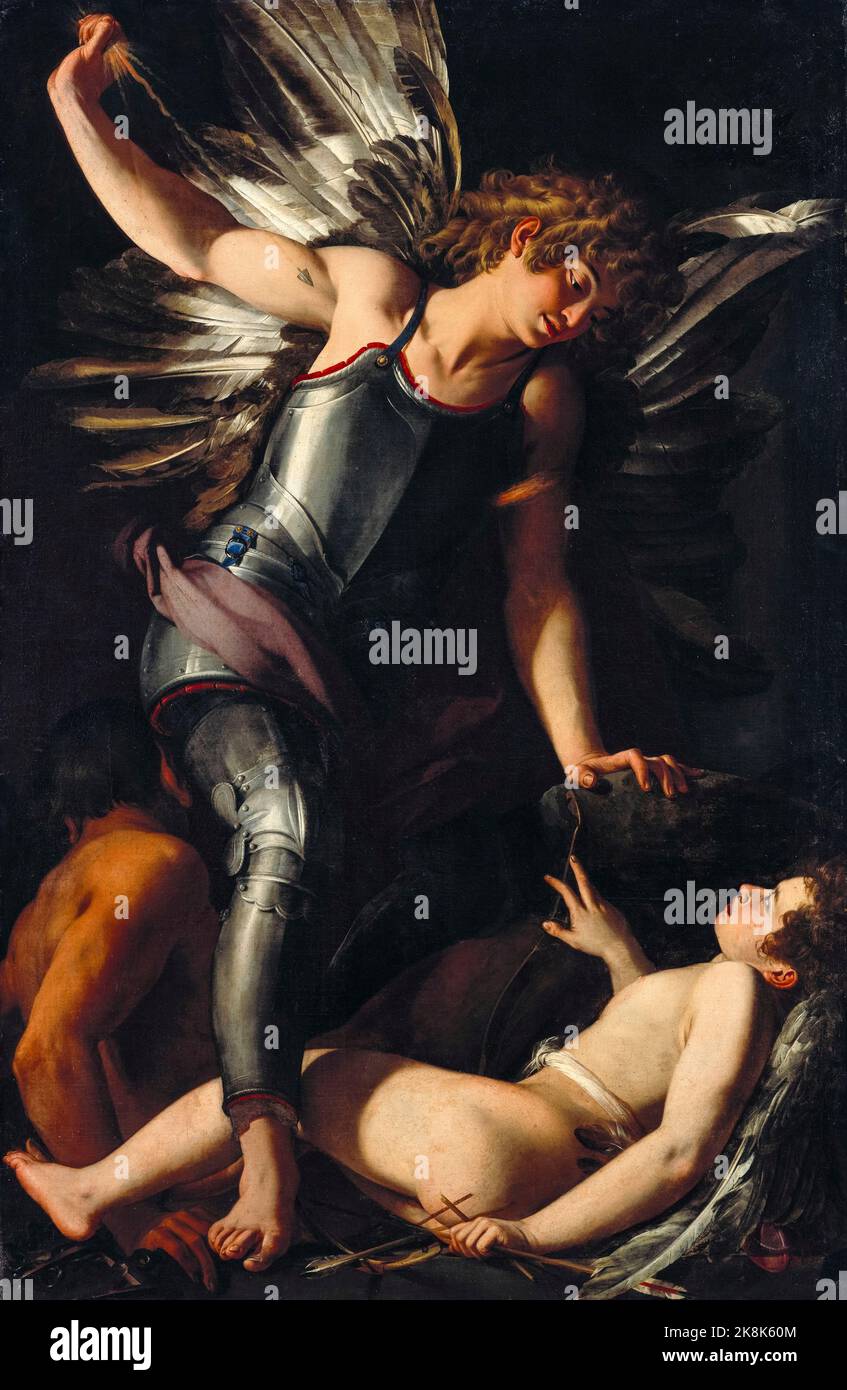 The Divine Eros defeats the Earthly Eros, painting in oil on canvas by Giovanni Baglione, circa 1602 Stock Photo