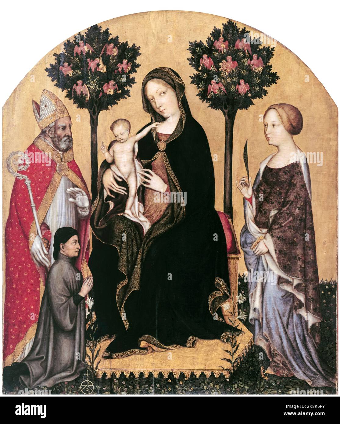 Mary Enthroned with the Child, Saints and a Donor, painting in oil on wood by Gentile da Fabriano, circa 1400 Stock Photo