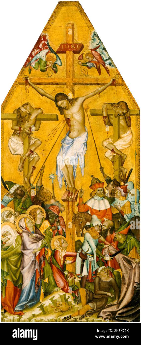 The Crucifixion of Christ (Kaufmann Crucifixion), painting in wood transfer to canvas by Master of Vyšší Brod, 1340-1360 Stock Photo