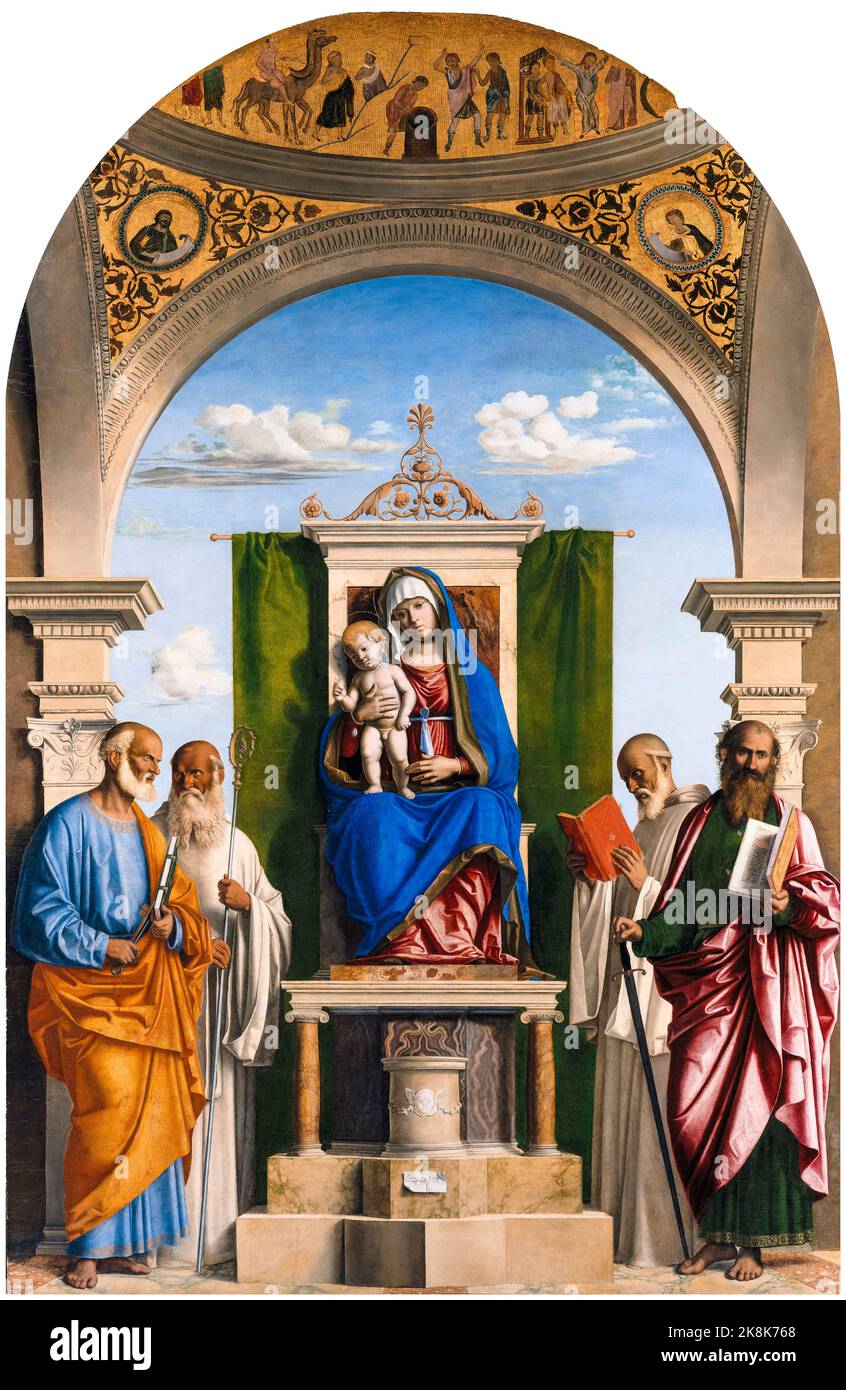 Enthroned Madonna with Child and SS Peter, Romualdus, Benedict, and Paul, painting in oil on wood by Giovanni Battista Cima, called, Cima da Conegliano, circa 1495 Stock Photo