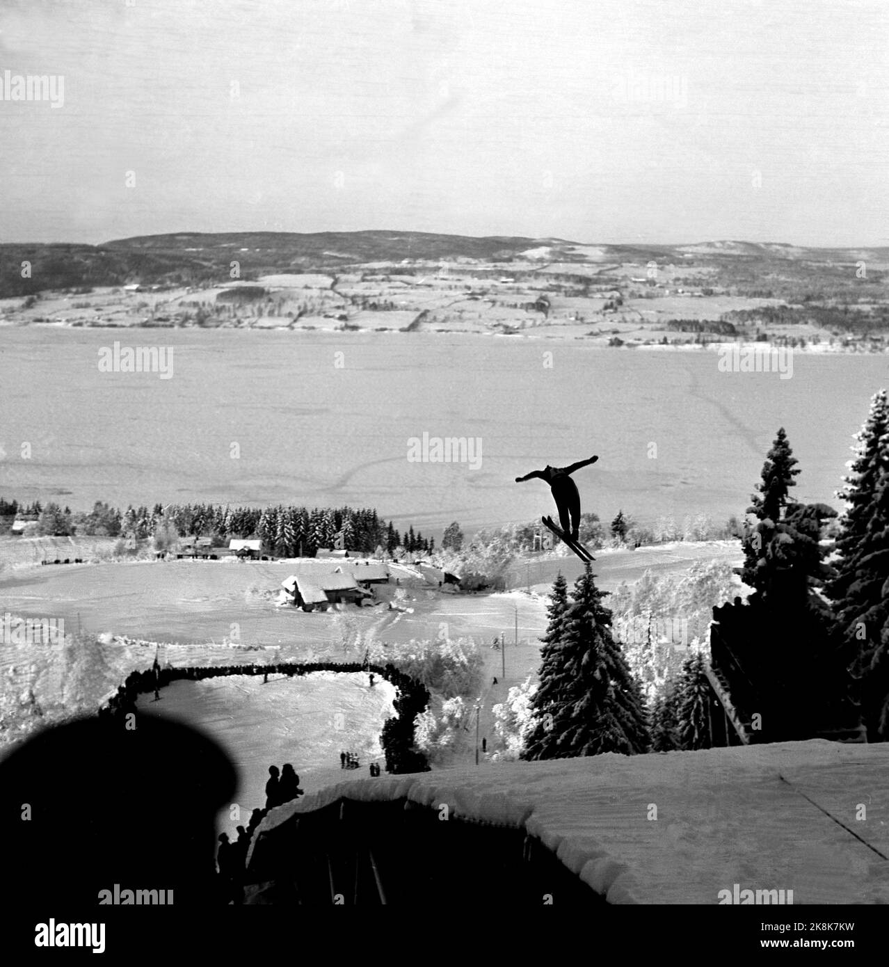 Oppland 19480111 Jumping in the Tranberg hill at Gjøvik. Here, for that