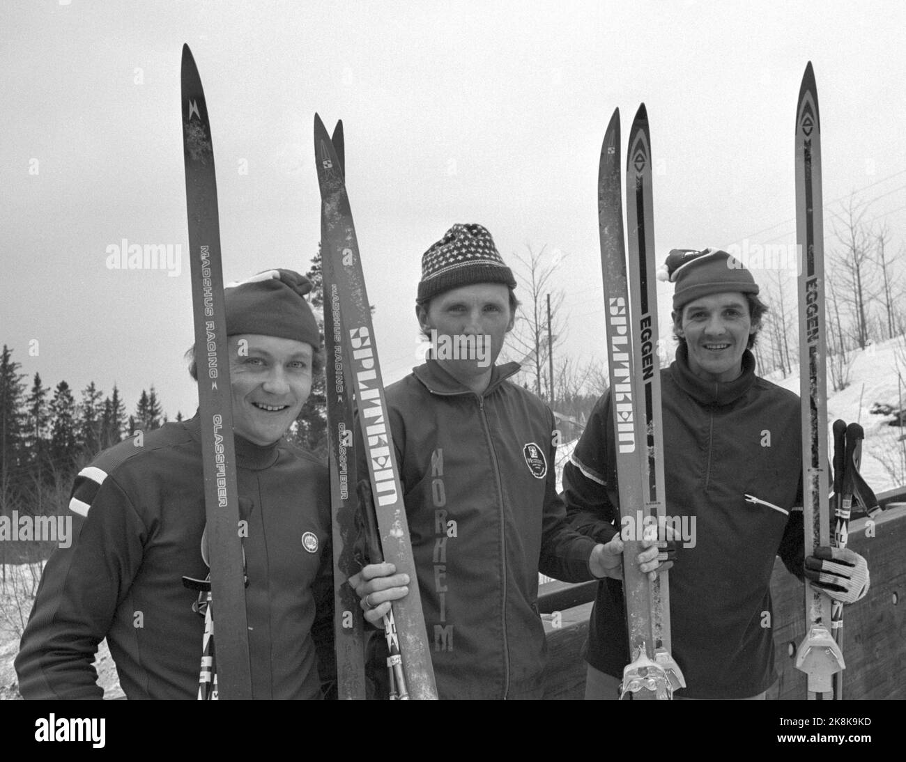 Oslo 19740316 Three Norwegian ski factories managed to produce fiberglass skiing for the Holmenkollrenns, represented here by Iver Jønland, (SkiStke), Odd Martinsen (Splitkein) and Gjermund Eggen (Eggen). Photo: Ivar Aaserud / Current / NTB Stock Photo