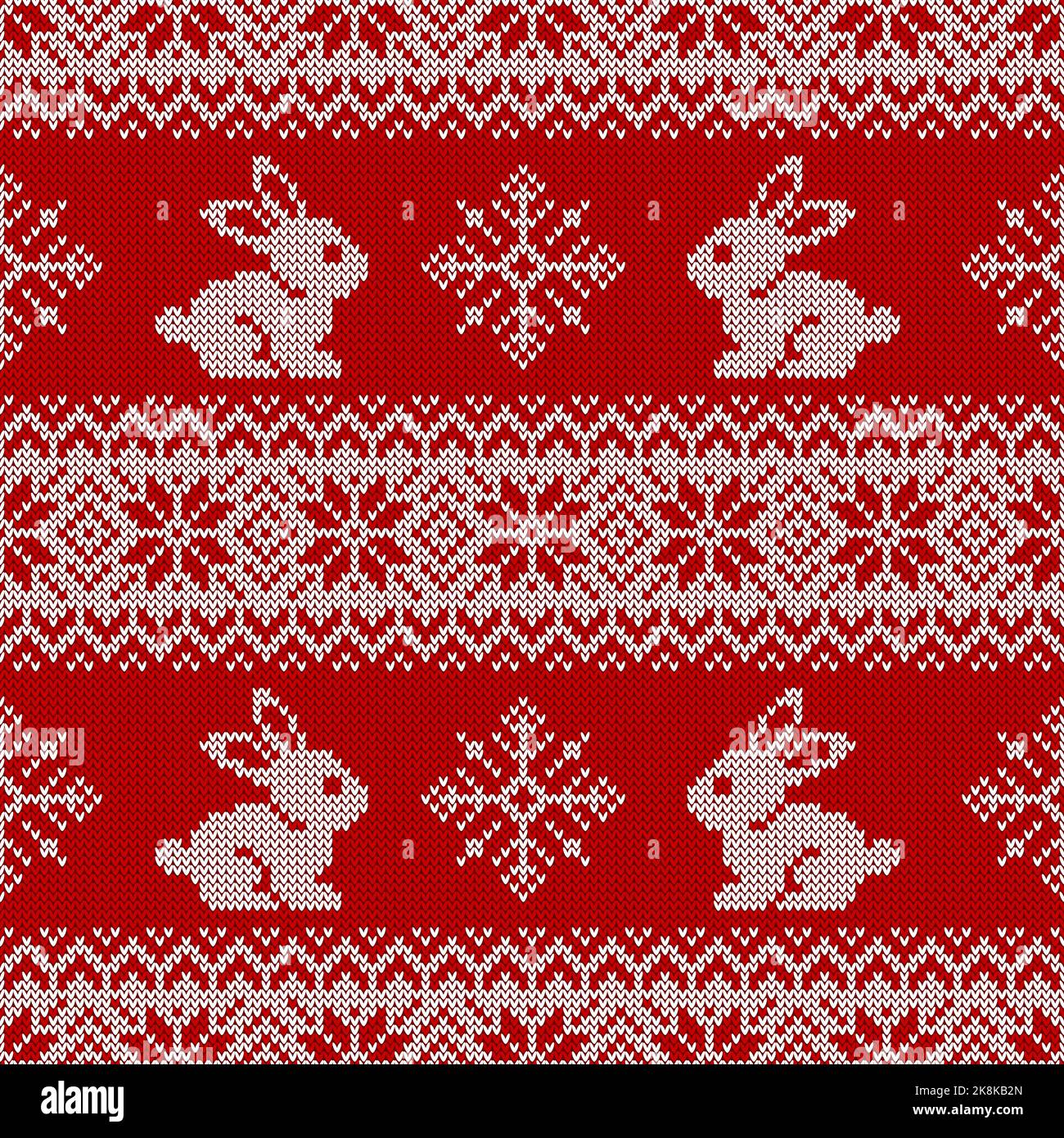 Knitted seamless pattern for 2023 New Year of the Rabbit. Vector background with cute bunnies, snowflakes, and traditional scandinavian ornaments. Stock Vector