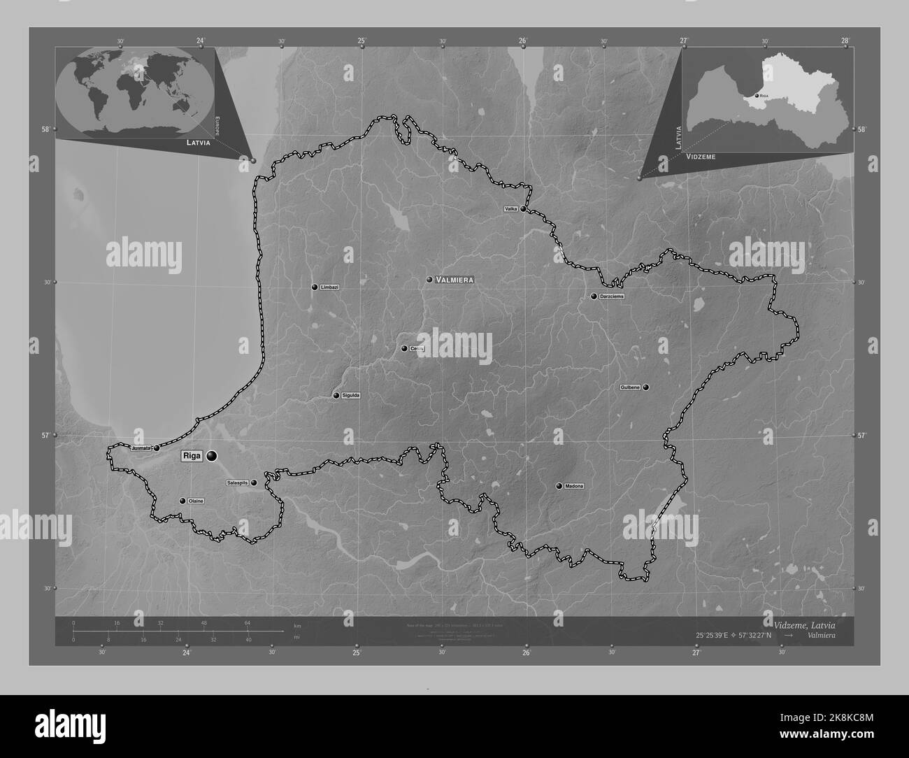 Vidzeme, province of Latvia. Grayscale elevation map with lakes and ...