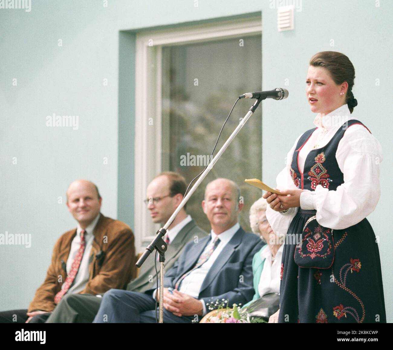 Tallin, Estonia 19950616. Princess Märtha Louise opens SOS Barneby Keila. Here in the costume during the opening speech. Photo: Rune Petter Ness NTB / NTB Stock Photo