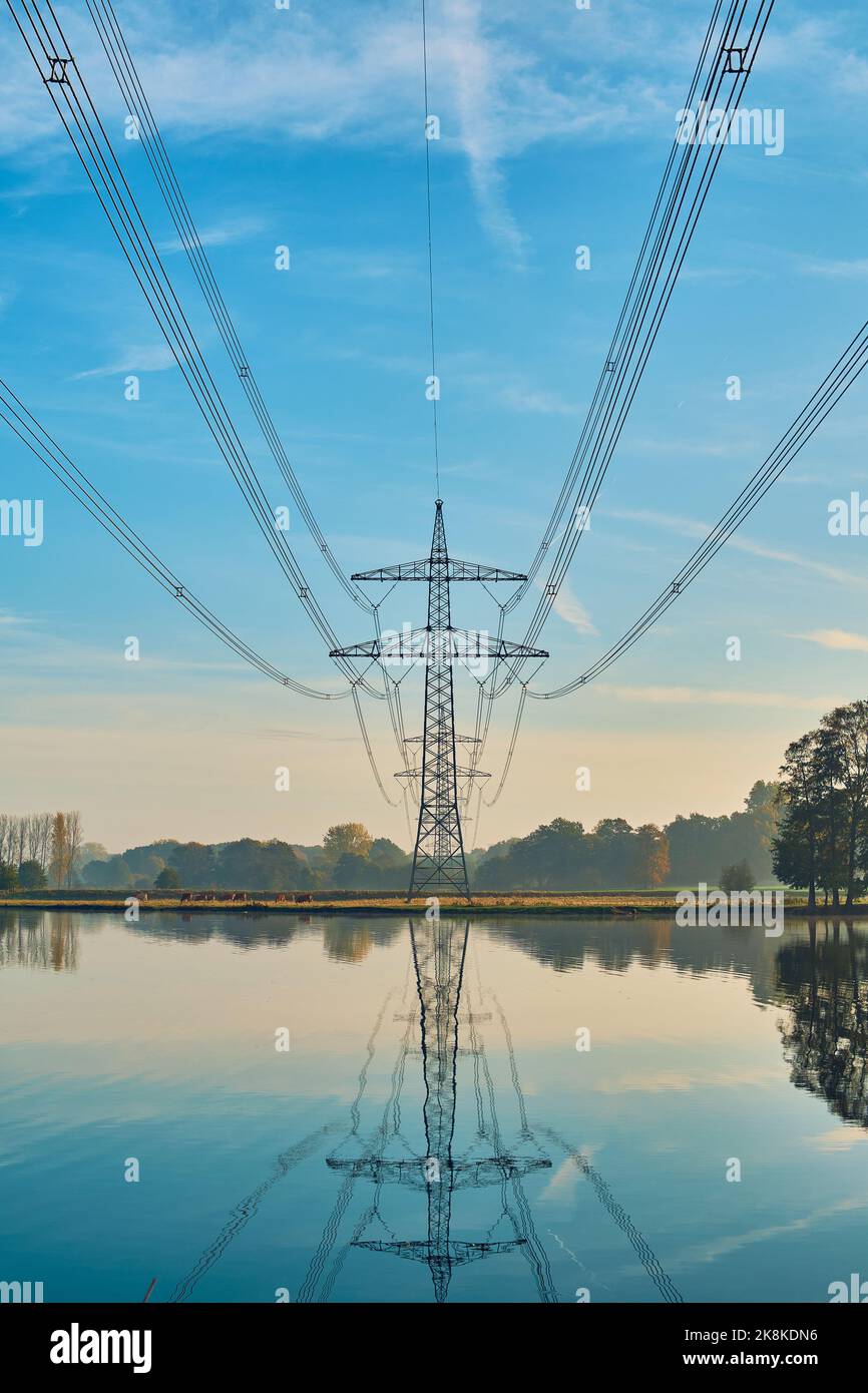 Power line in rural area with lake. High quality photo Stock Photo - Alamy