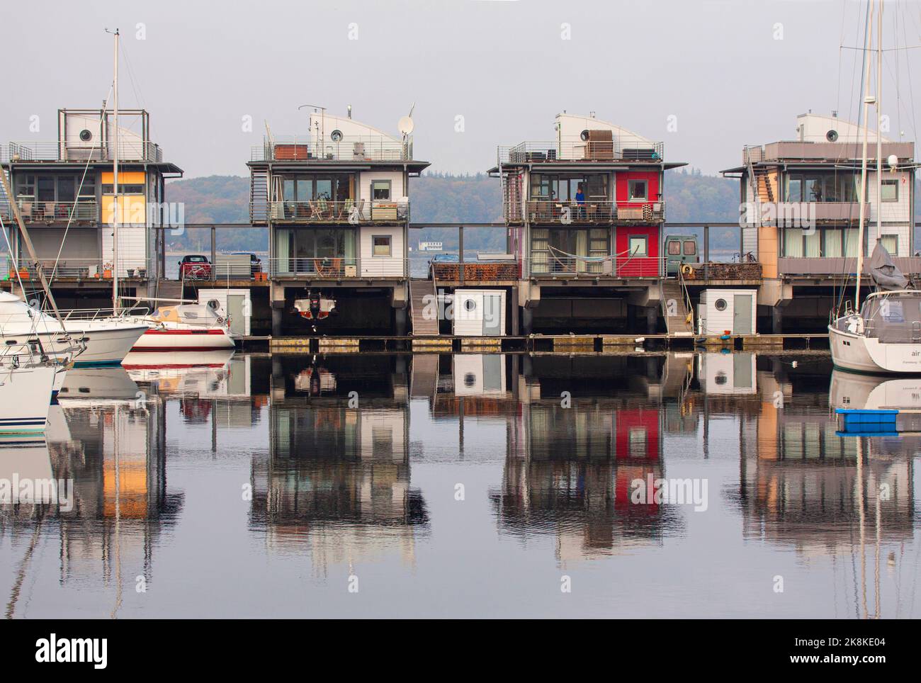 Flensburg, Sonwik, modern water houses in marina, Schleswig-Holstein. Flensburg, Germany - October 21, 2022. Stock Photo