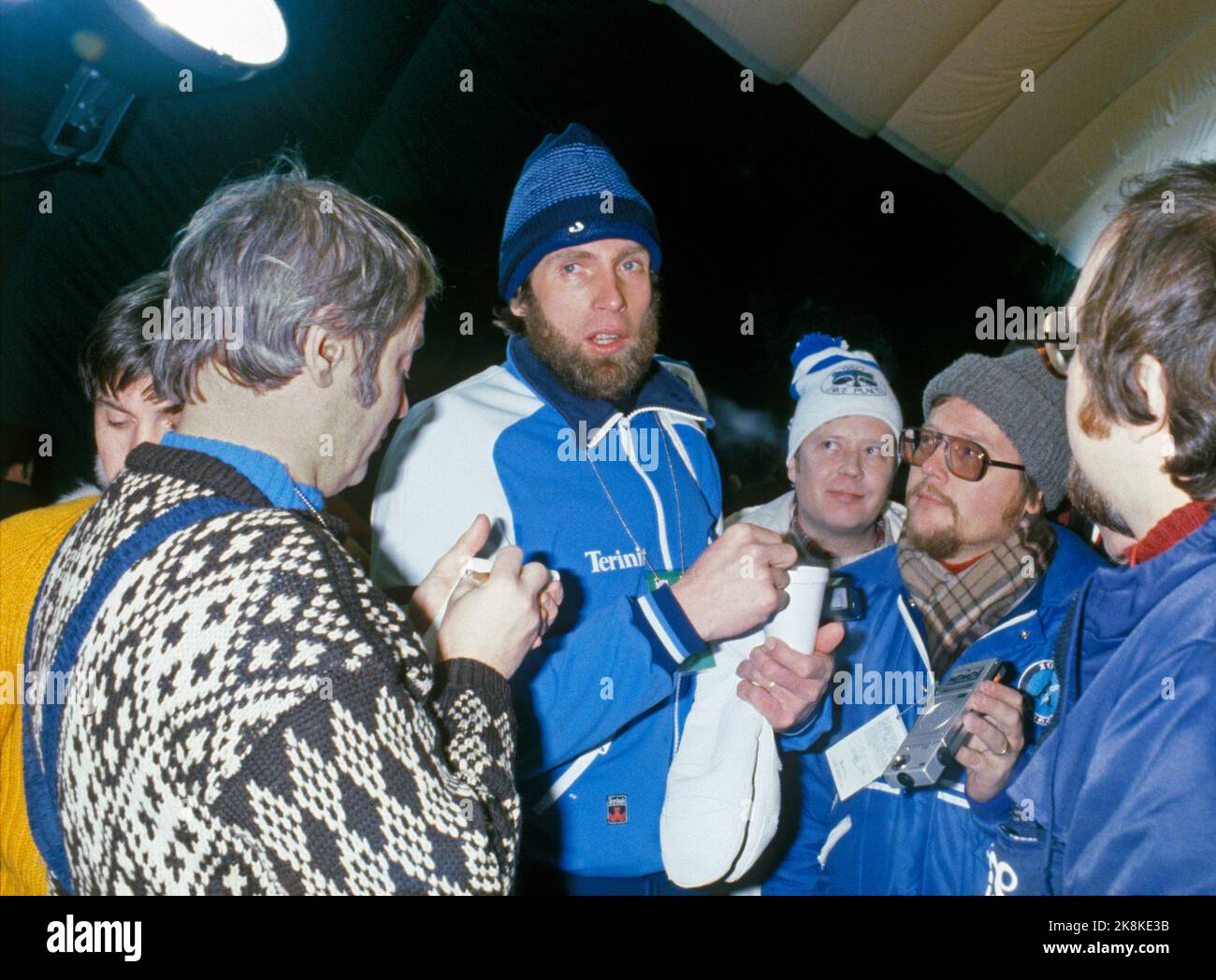 Lake Placid, USA, 19800217:  Olympic Lake Placid. Cross -country skiing, 15km men. Juha Mieto (fine) loses the victory with a hundred second to Thomas Wassberg (Sve). Here Juha Mieto surrounded by journalists. Photo: NTB / EPU / NTB Stock Photo