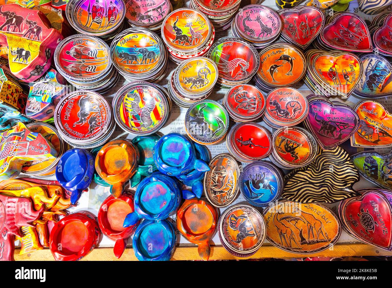 colorful souvenir display on sale, Zanzibar, Tanzania, Africa Stock Photo