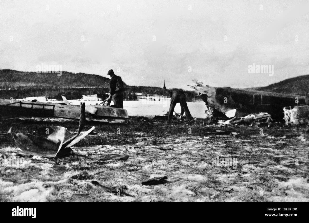 Bærum April 1940 Norway during World War II: German Messerschmitt BF 110 flight from Zerstöreschwader 76 / 1. Staffel failed at Vøyen farm in Bærum at. 0800 on April 9, 1940. Here the flight wreck. Bryn church in the background. Photo: NTB Archive / NTB Stock Photo