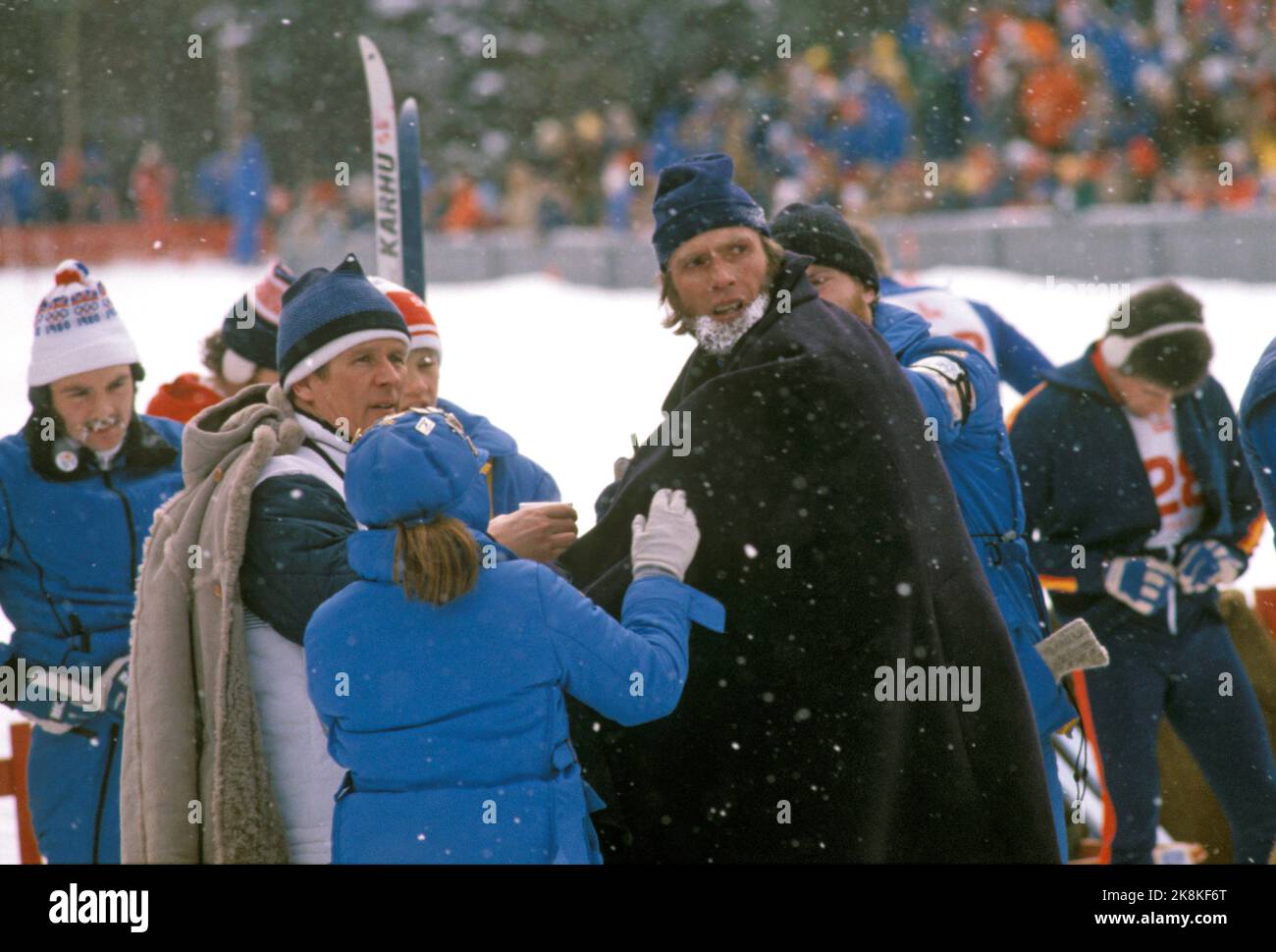 Lake Placid, USA, 19800217:  Olympic Lake Placid. Cross -country skiing, 15km men. Juha Mieto (fine) loses the victory with a hundred second to Thomas Wassberg (Sve). Here Mieto waits for Wassberg to reach the finish line. Photo: NTB / EPU / NTB Stock Photo